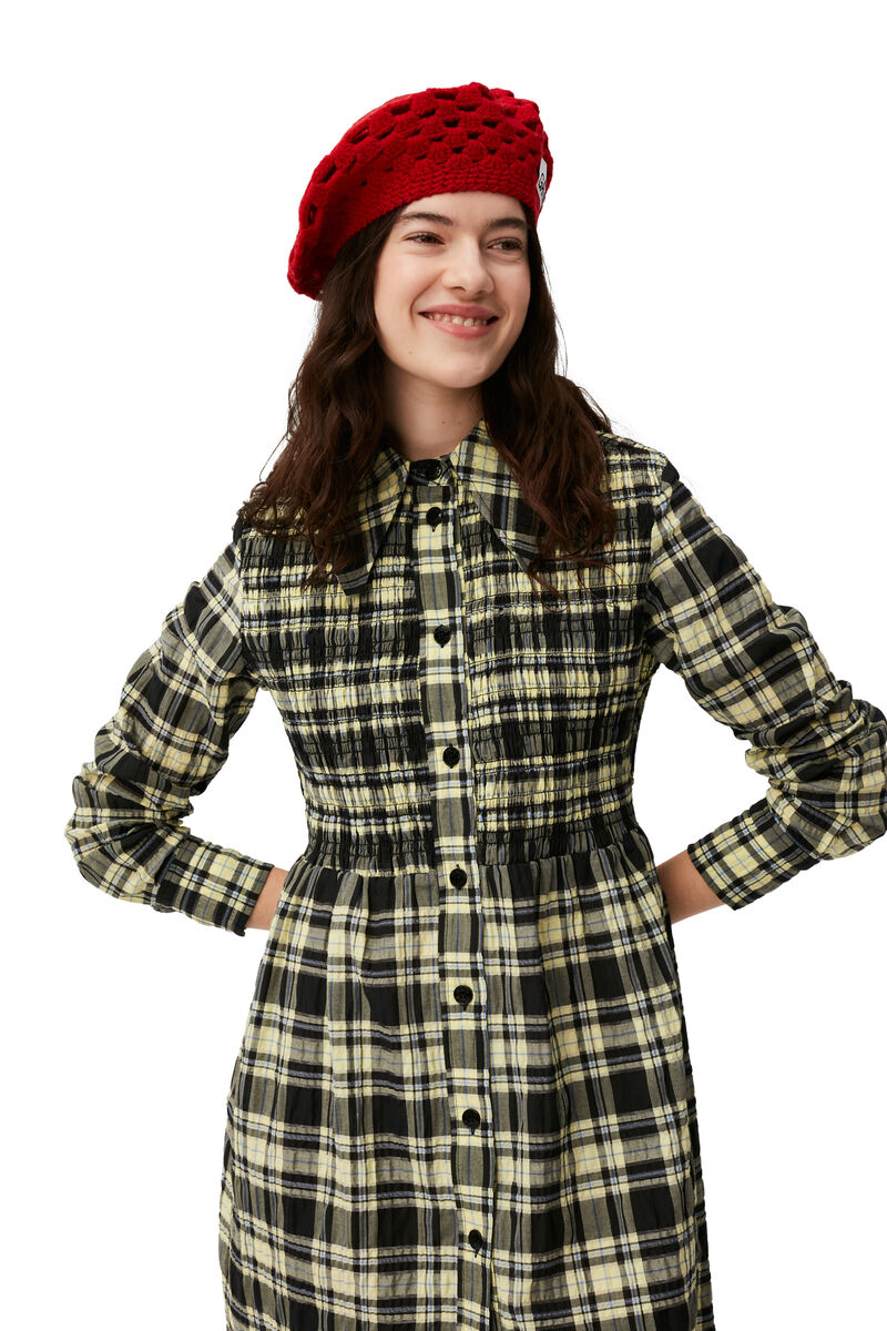 Checkered Seersucker Shirt Dress, Cotton, in colour Check Elfin Yellow - 3 - GANNI