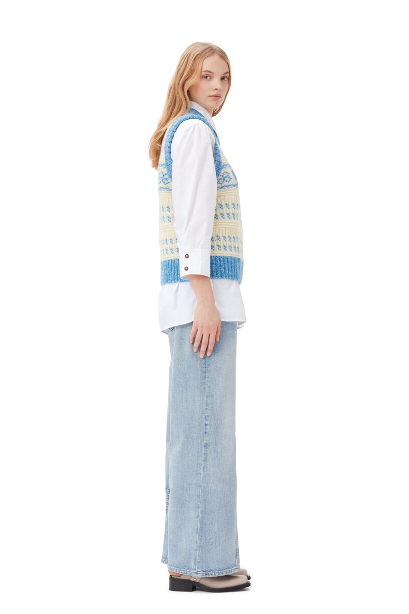 Gilet Blue Graphic O-Neck, Organic Wool, in colour Strong Blue - 3 - GANNI