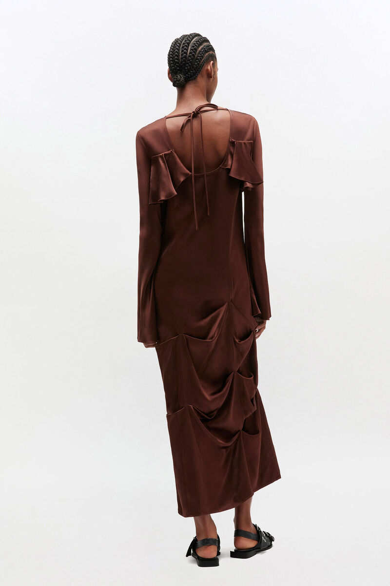 Brown Ruffle Dress, Viscose, in colour Chicory Coffee - 2 - GANNI