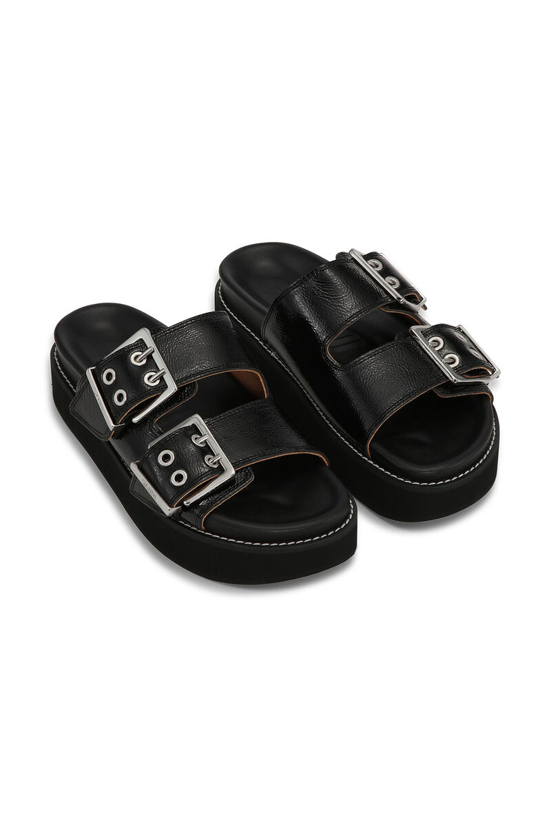 Wide Welt Chunky Buckle Flat Sandals, Calf Leather, in colour Black - 3 - GANNI