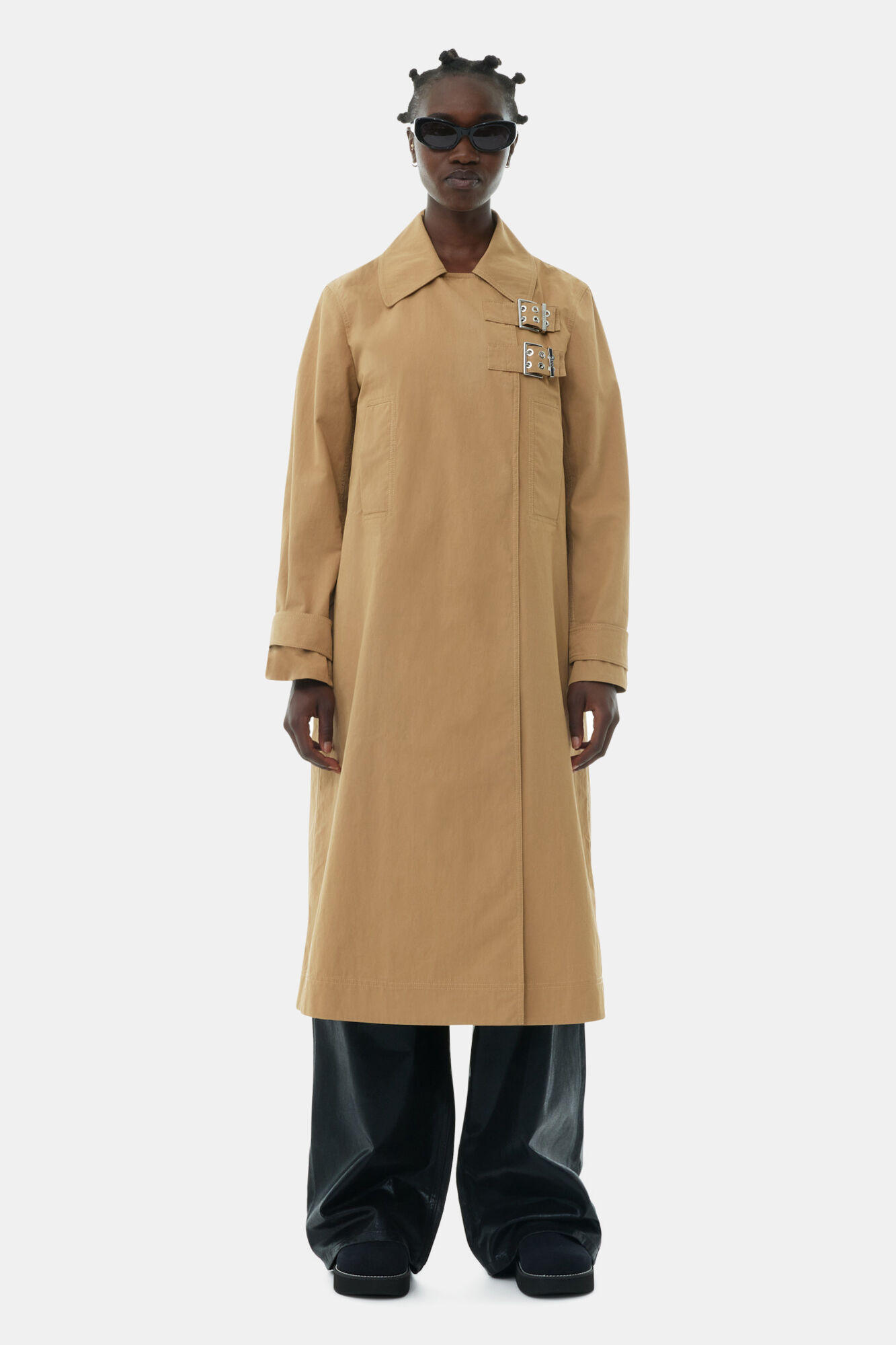 Beige Cotton Twill Buckle Coat, Nylon, in colour Tiger's Eye - 1 - GANNI