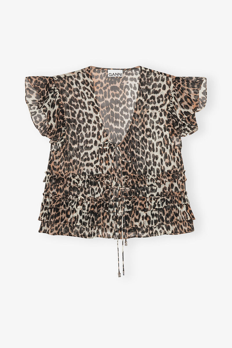 Leopard Chiffon Ruffle Blouse, Recycled Polyester, in colour Leopard - 1 - GANNI
