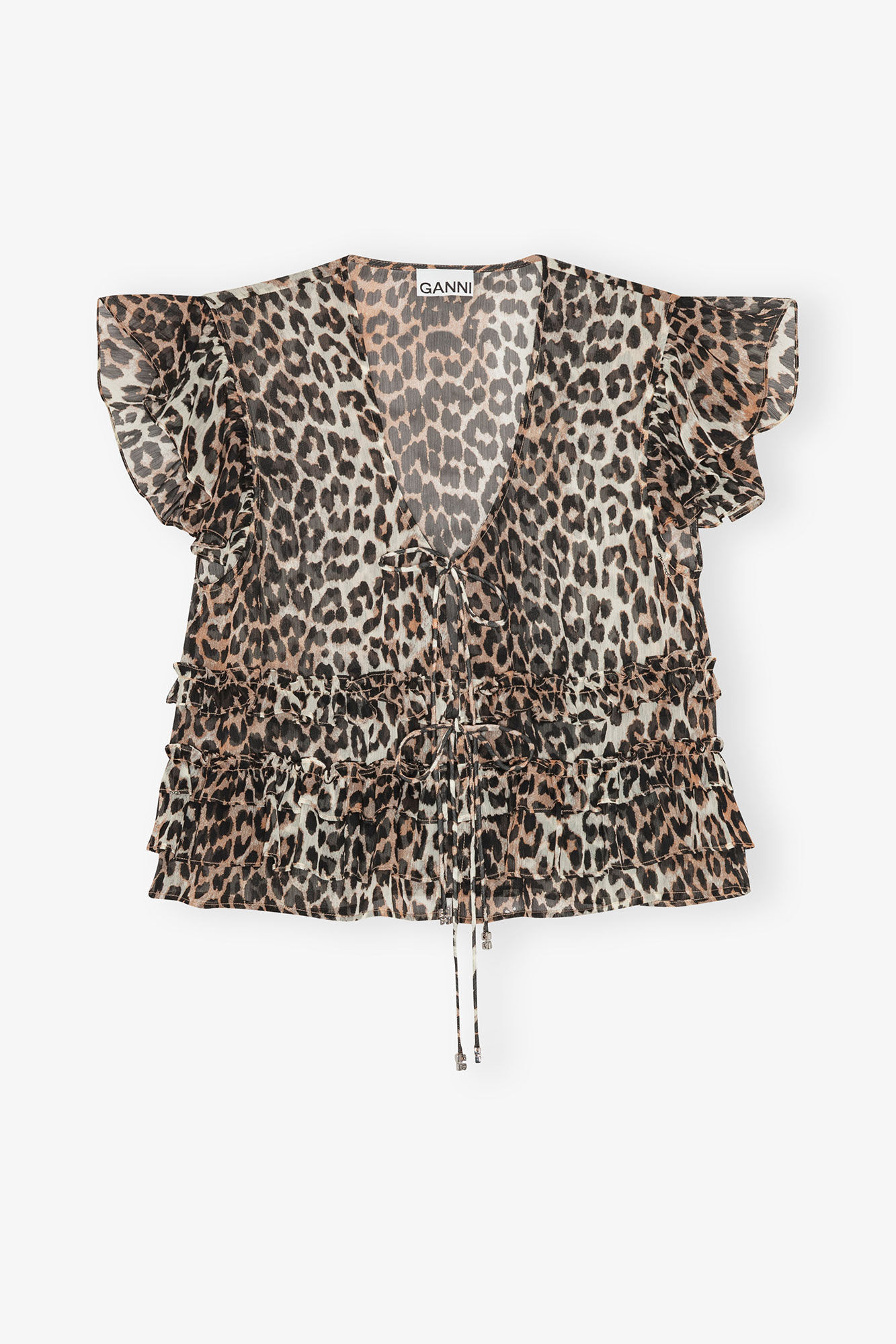 Leopard Chiffon Ruffle Blouse, Recycled Polyester, in colour Leopard - 1 - GANNI