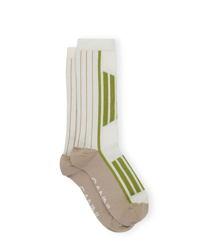 White/Green Sporty Socken, Cotton, in colour Egret - 1 - GANNI