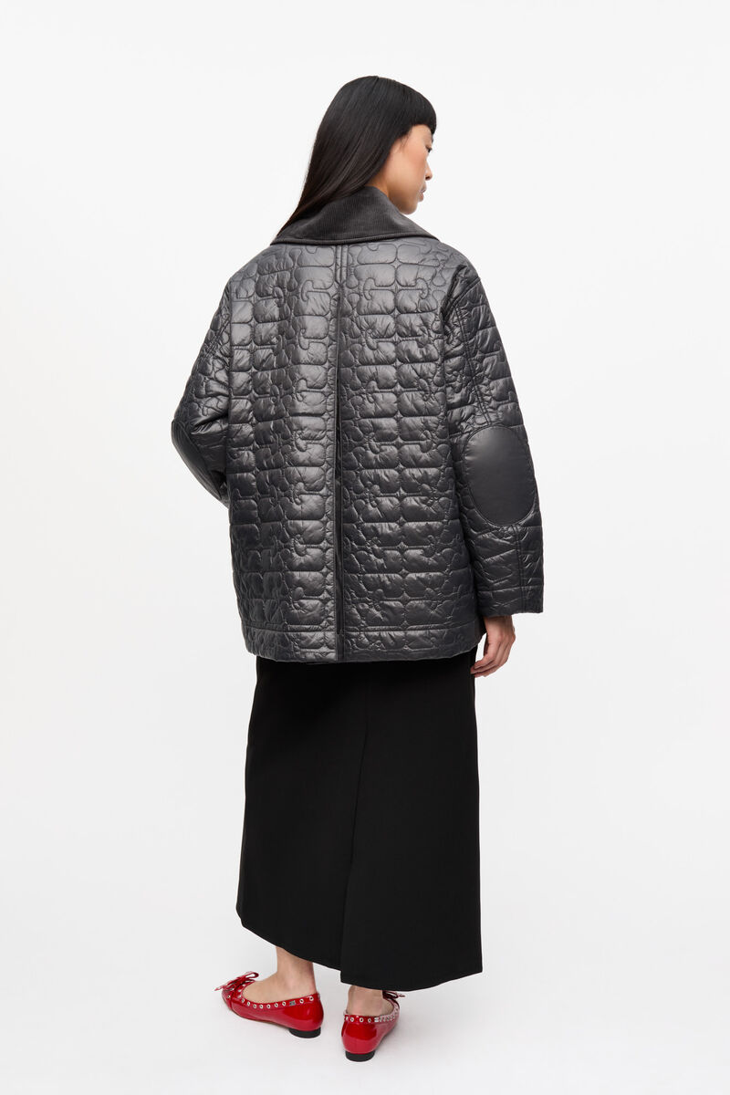 Veste midi matelassée noir brillant, Nylon, in colour Phantom - 2 - GANNI