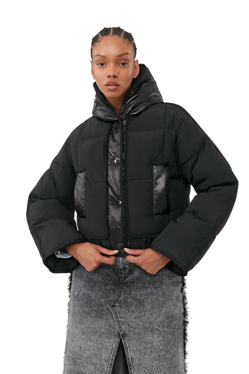 Black Short Hooded Puffer Jacket, LENZING™ ECOVERO™, in colour Black - 1 - GANNI