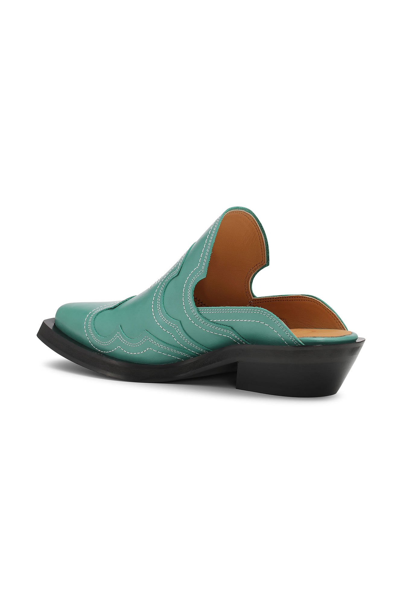 Embroidered Western Mules, Calf Leather, in colour Bottle Green - 2 - GANNI