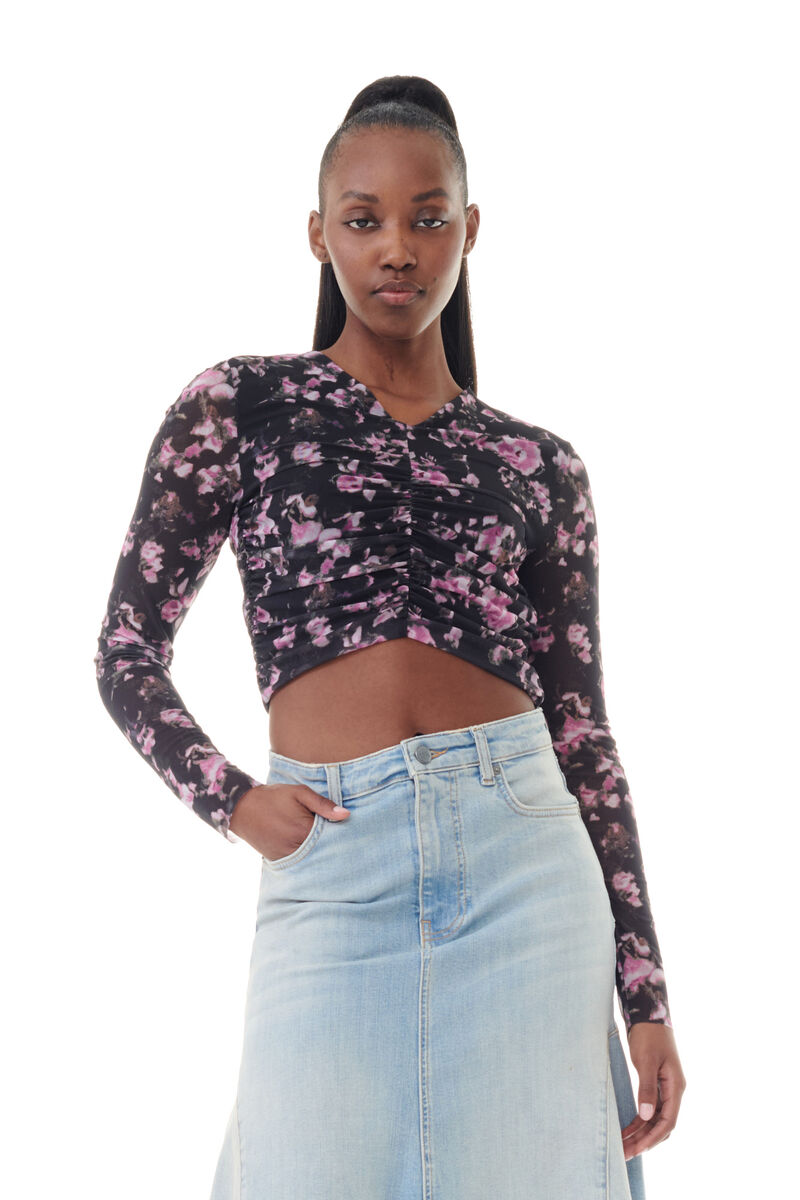 Black Floral Printed Mesh Ruched blus, Recycled Nylon, in colour Phantom - 1 - GANNI