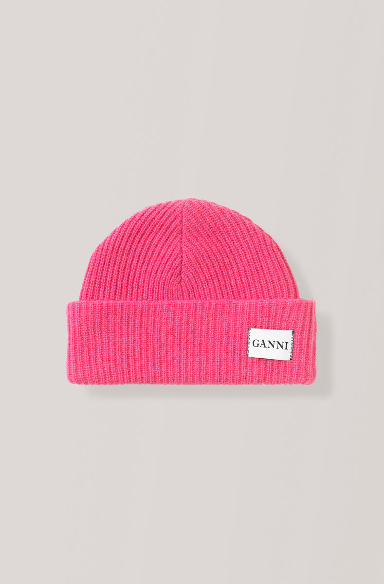Knit Hat, Wool, in colour Hot Pink - 1 - GANNI