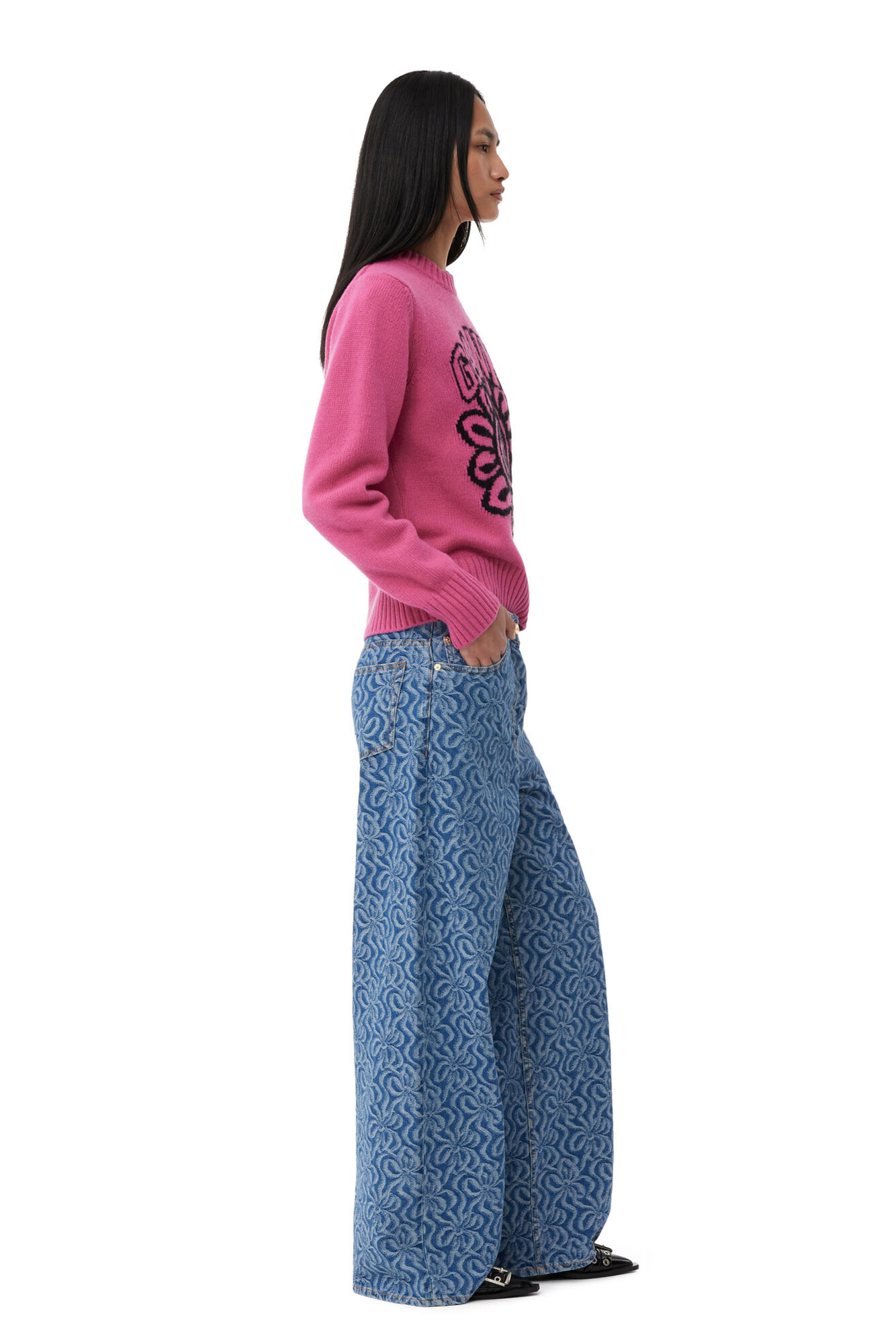 Pink Flower Graphic O-neck Pullover, Recycled Polyamide, in colour Cone Flower - 4 - GANNI