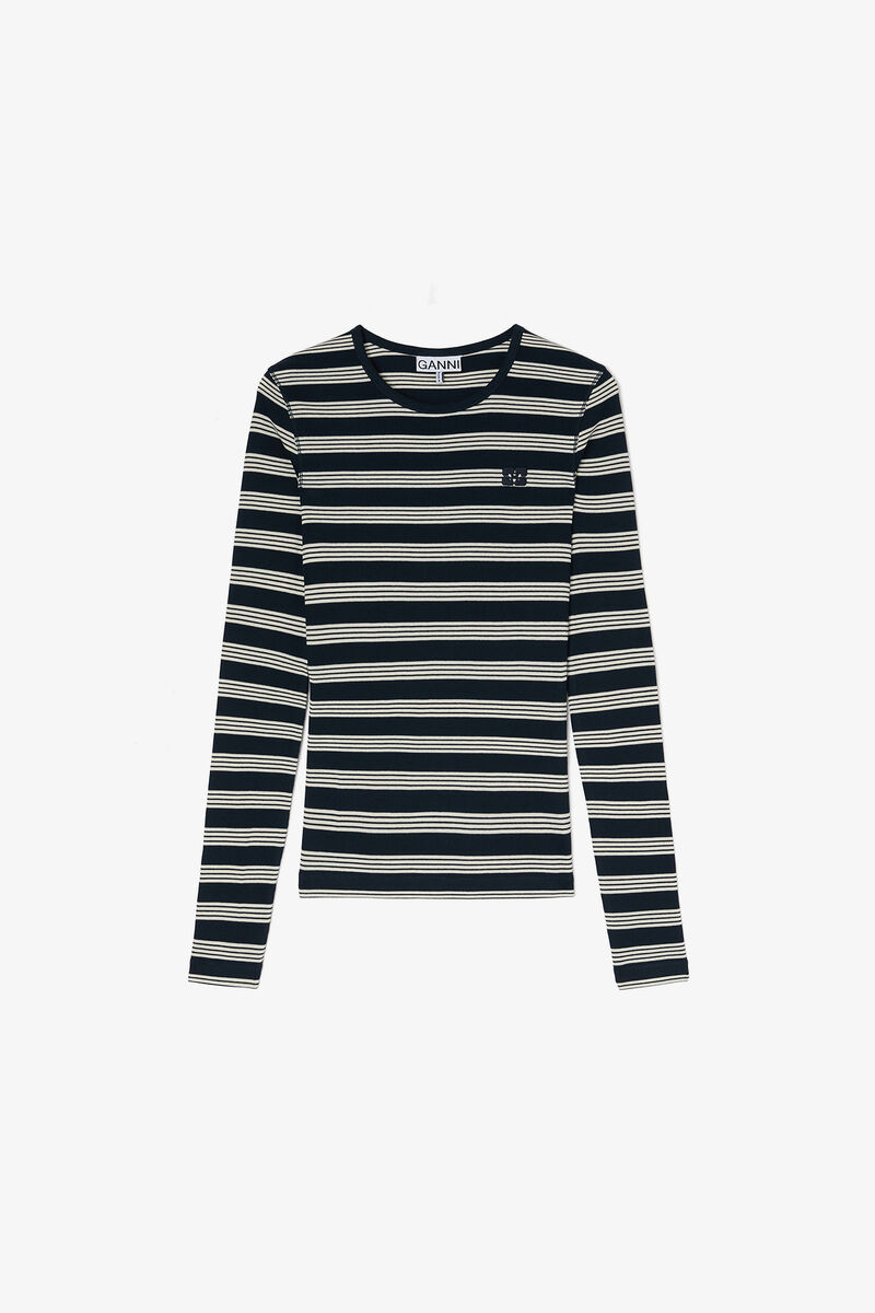 Geripptes Langarmshirt mit Streifen, Organic Cotton, in colour Sky Captain - 1 - GANNI
