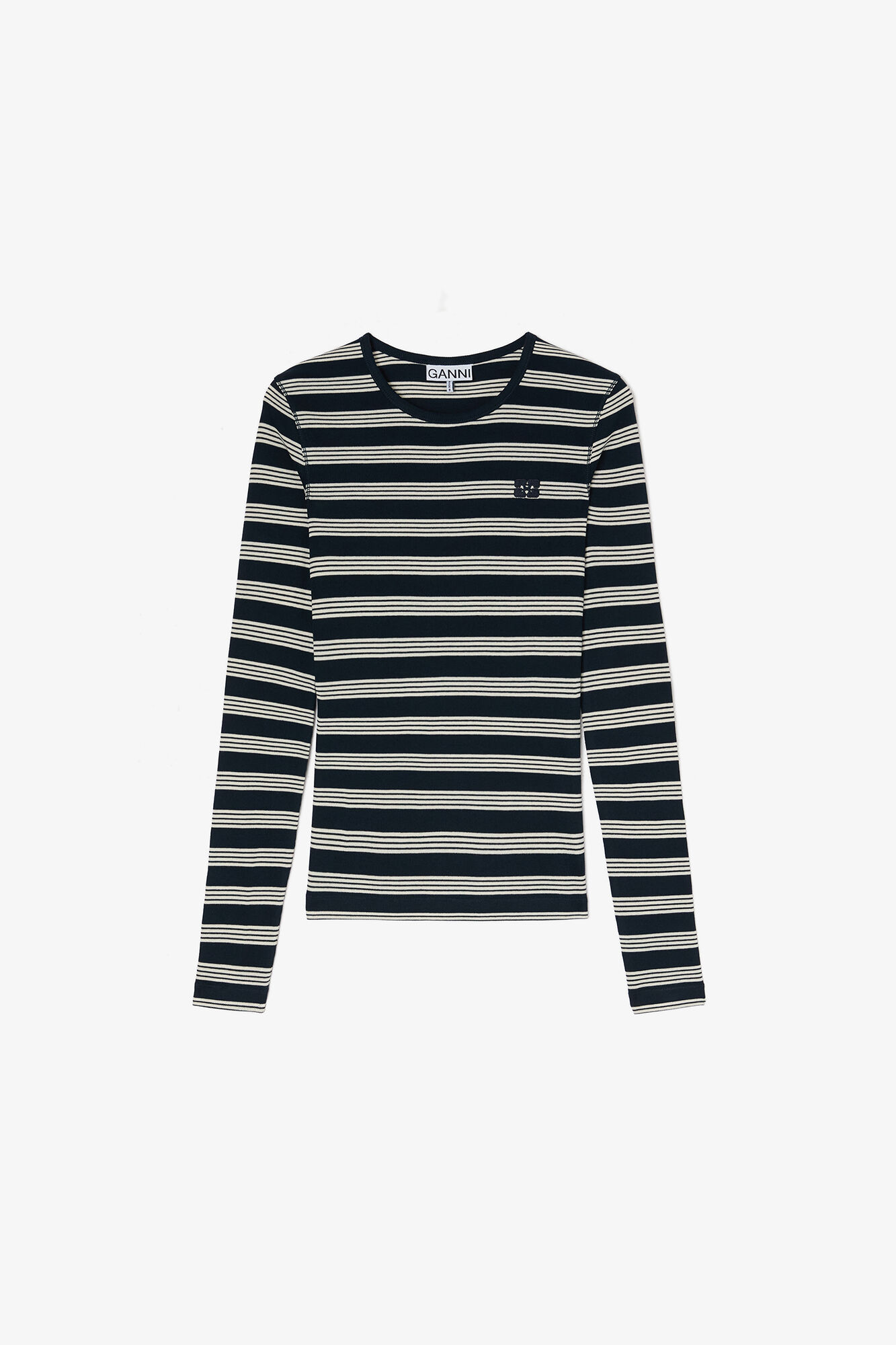 Geripptes Langarmshirt mit Streifen, Organic Cotton, in colour Sky Captain - 1 - GANNI