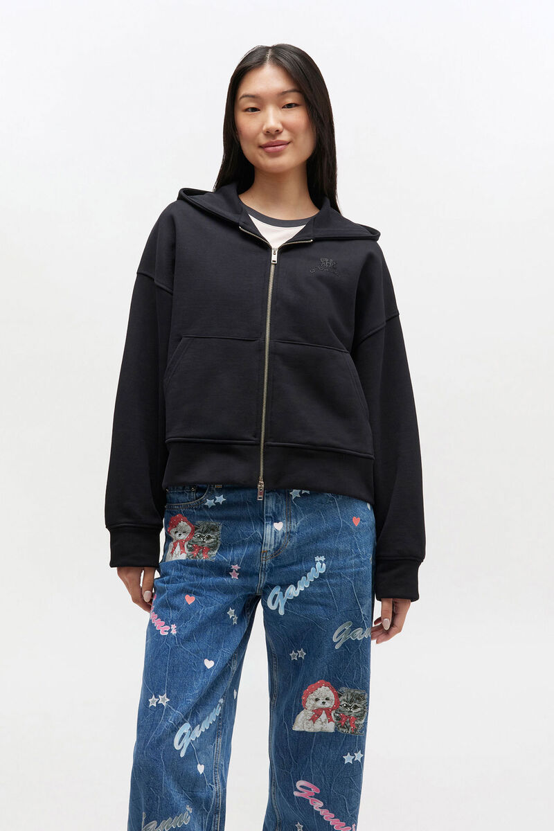Black Animal Zip Hoodie, Organic Cotton, in colour Black/Black - 2 - GANNI