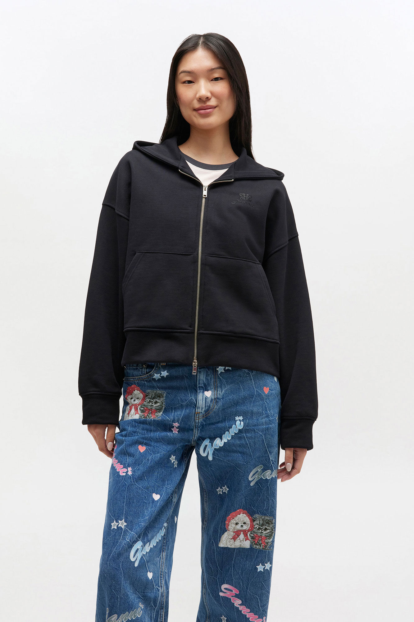 Black Animal Zip Hoodie, Organic Cotton, in colour Black/Black - 2 - GANNI