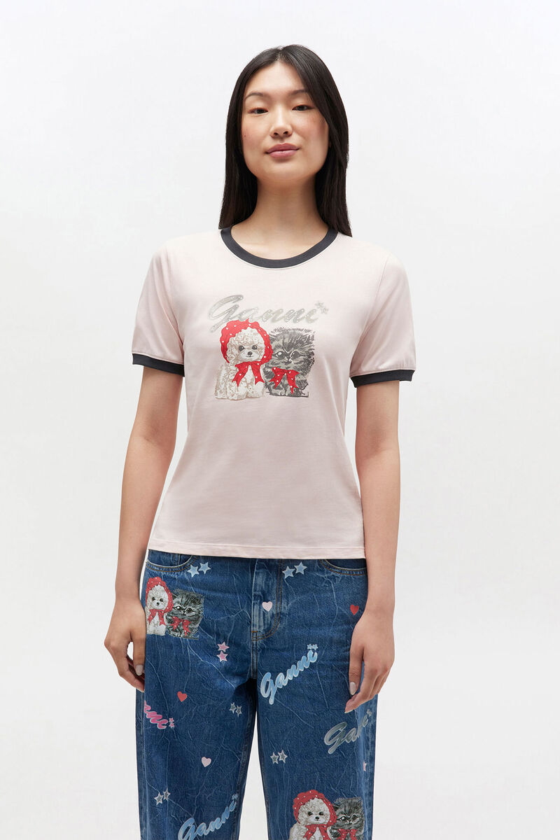 Rosa croppad t-shirt med djurmotiv, Cotton, in colour Primrose Pink - 2 - GANNI