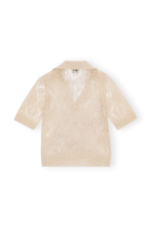 Egret Cotton Lace Polo Sweater, Cotton, in colour Egret - 2 - GANNI
