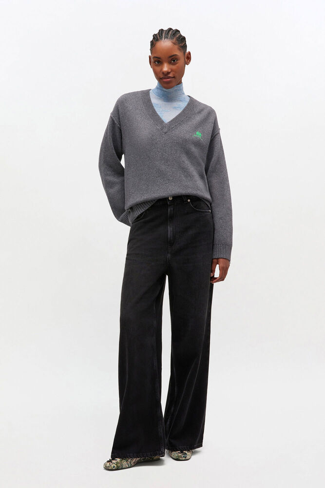 Grey Wool Mix V-neck Jumper, Charcoal Grey