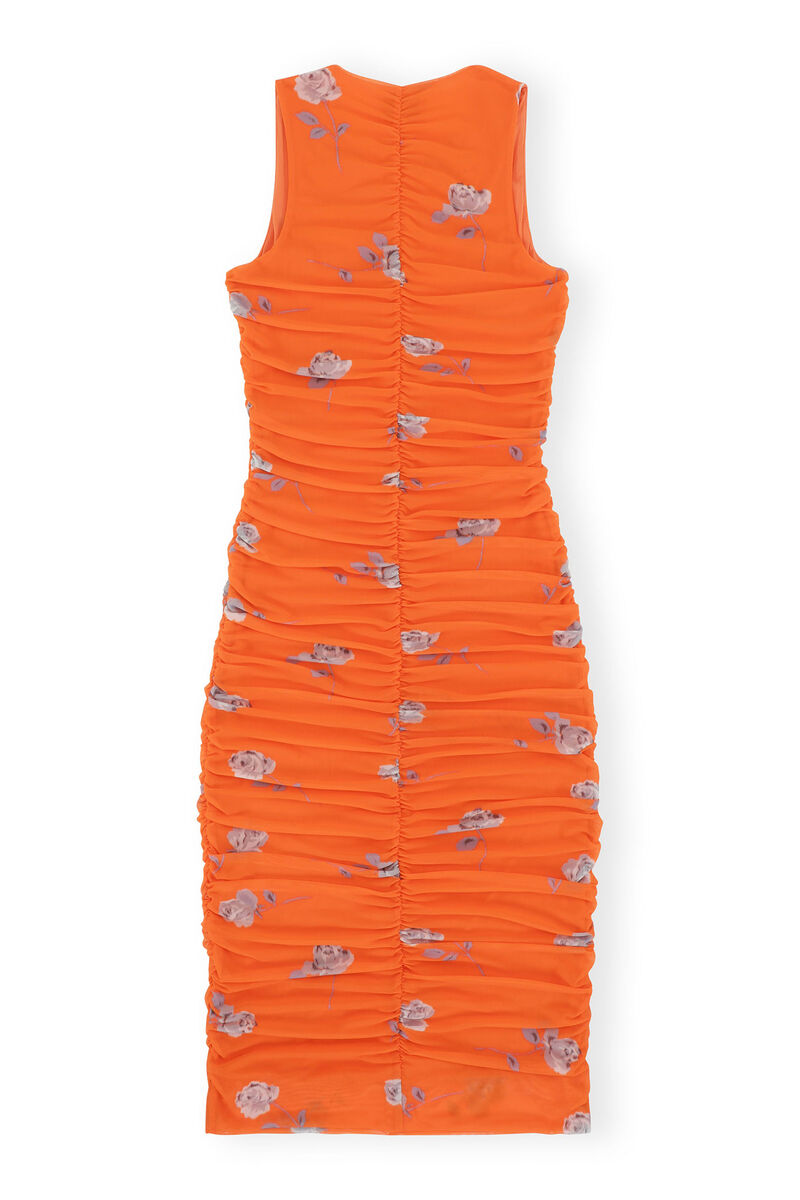 Orange Printed Ruched Mesh Midi Dress, Recycled Nylon, in colour Orangeade - 2 - GANNI
