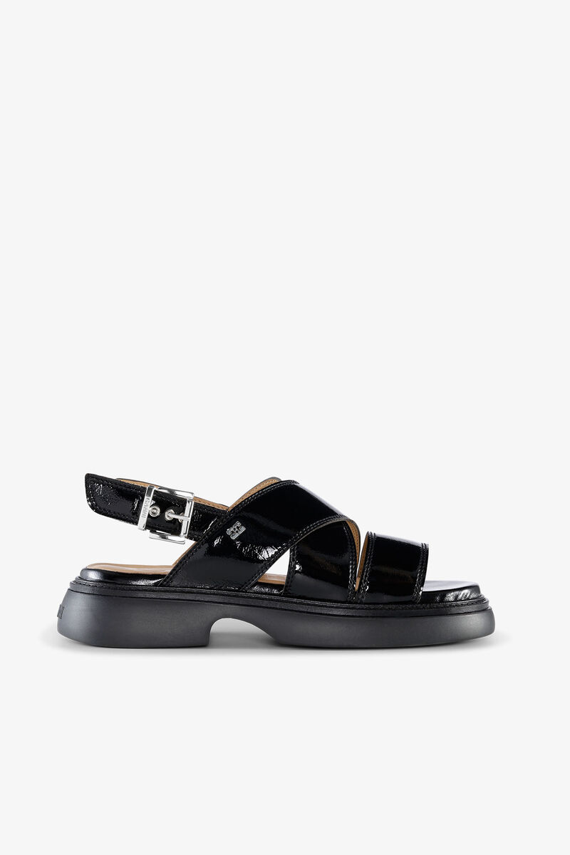 Black Cross Strap Sandals, Polyurethane, in colour Black - 1 - GANNI