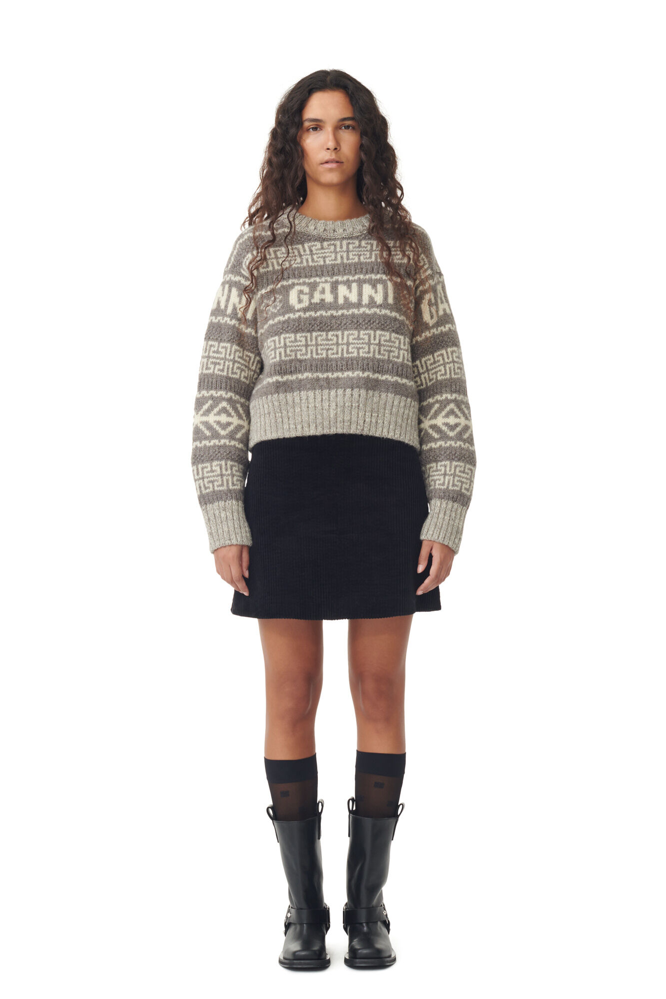 Grey Lambswool Cropped O-neck Pullover, Organic Wool, in colour Timber Wolf - 2 - GANNI