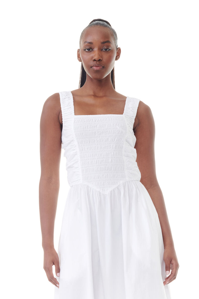 White Cotton Poplin Midi Strap Smock klänning, Cotton, in colour Bright White - 2 - GANNI