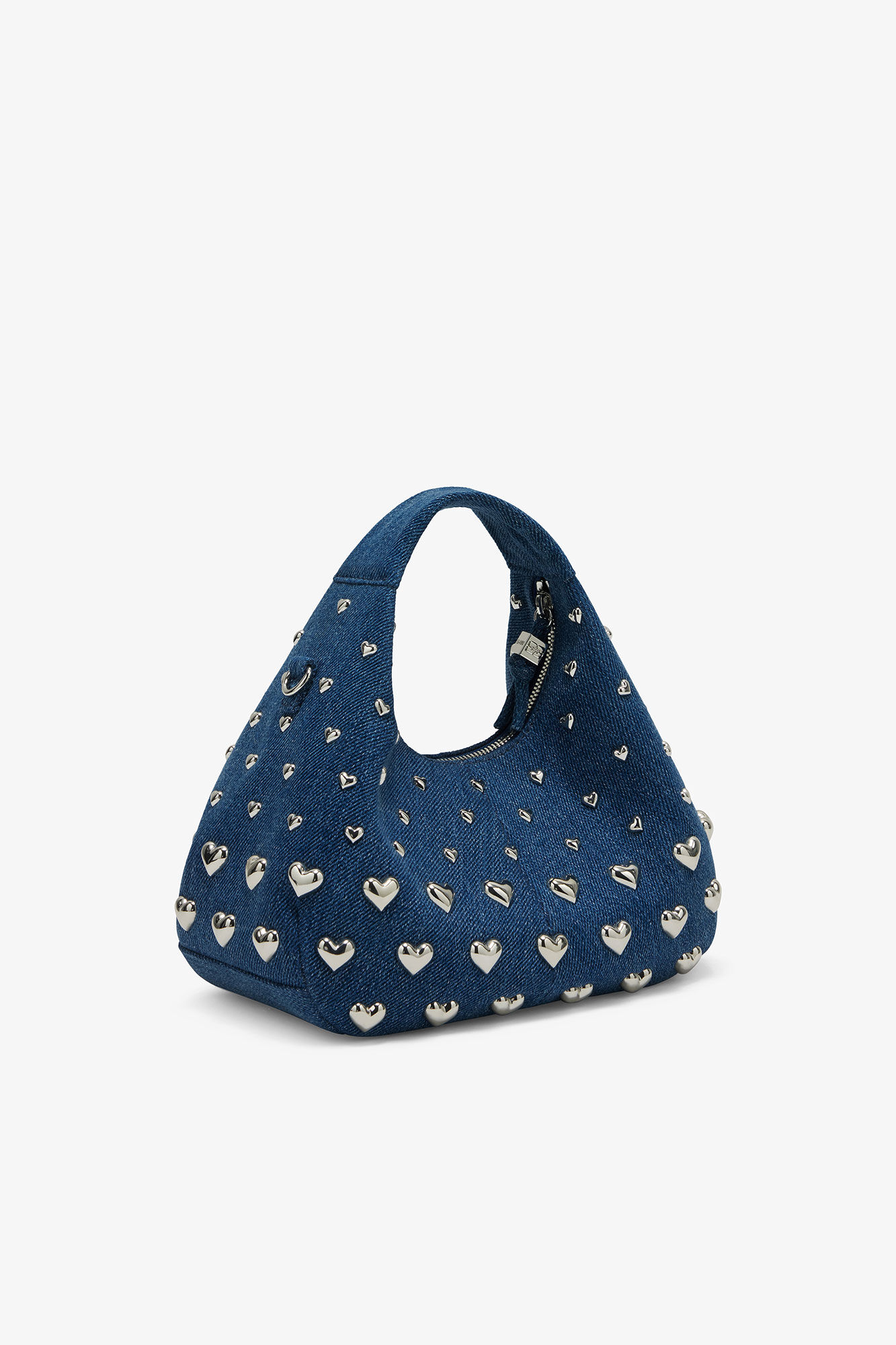 Denim Stud Mini Hobo Bag, Recycled Cotton, in colour Navy Peony - 2 - GANNI
