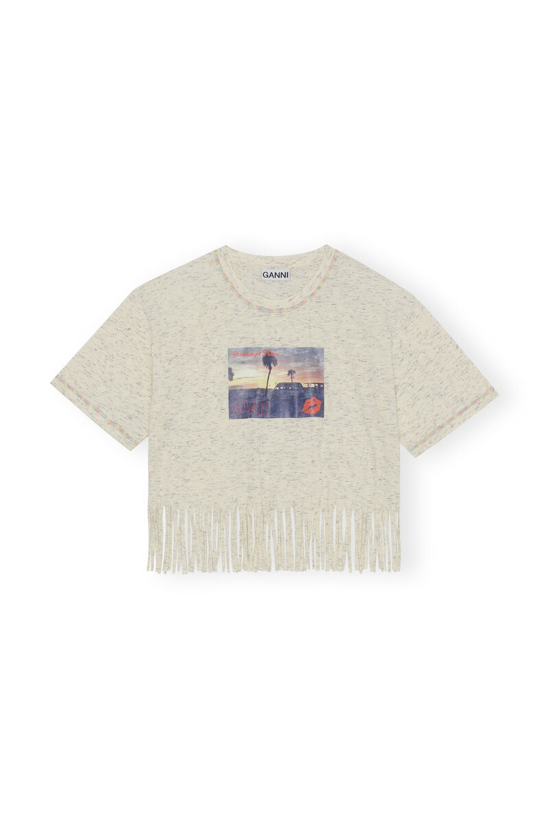 Cropped Fringe Graphic Tee, Cotton, in colour Egret - 1 - GANNI