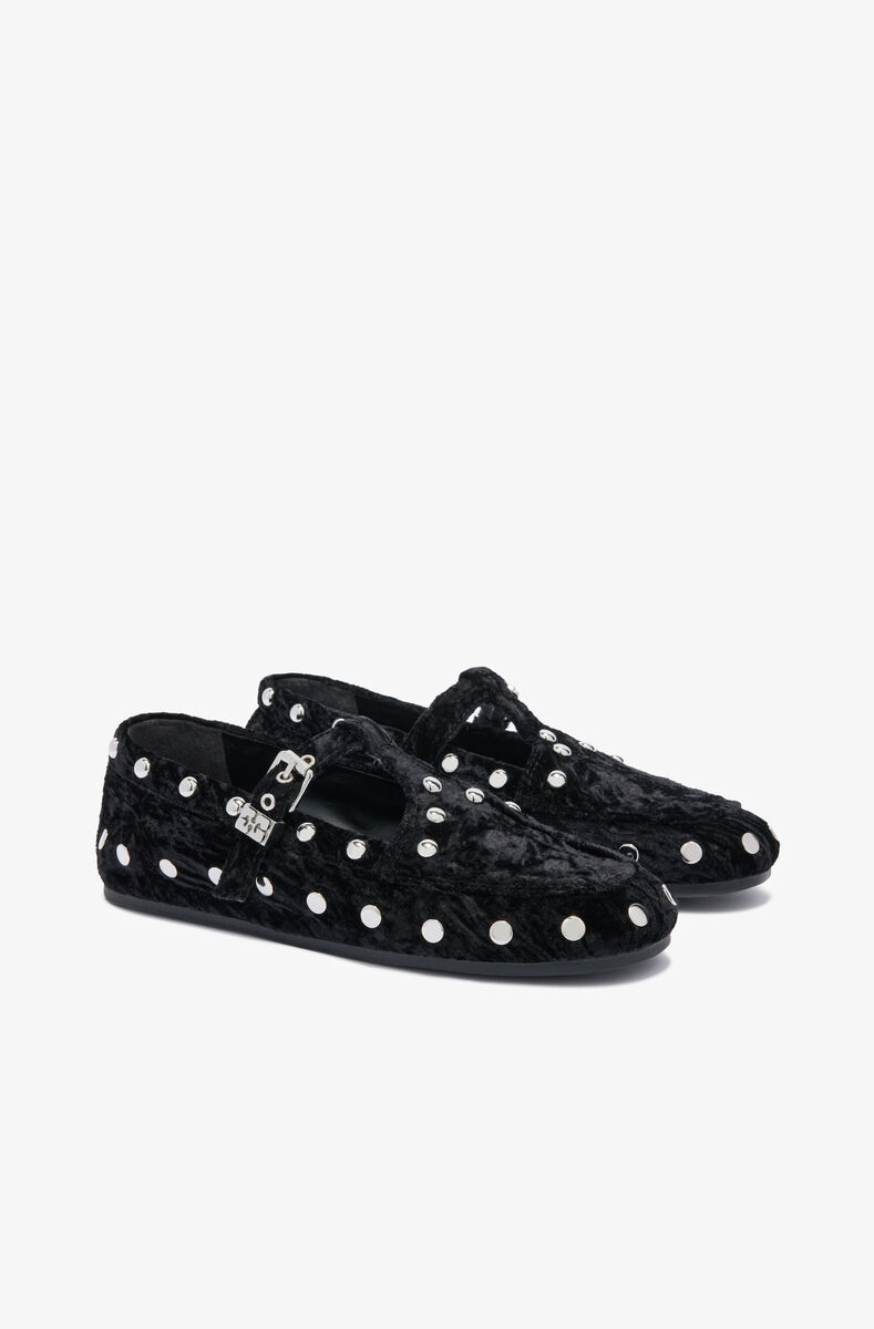 Mary Jenny Moccasins in Black Velvet, Polyester, in colour Black - 2 - GANNI