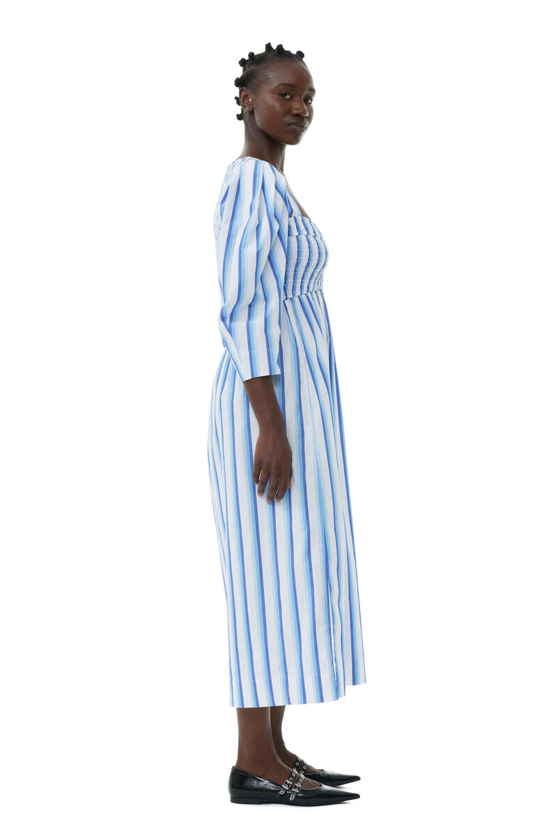 Blue Striped Cotton Smock Long klänning, Cotton, in colour Silver Lake Blue - 3 - GANNI