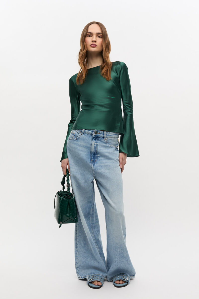 Green Satin Blouse, Elastane, in colour Pineneedle - 3 - GANNI