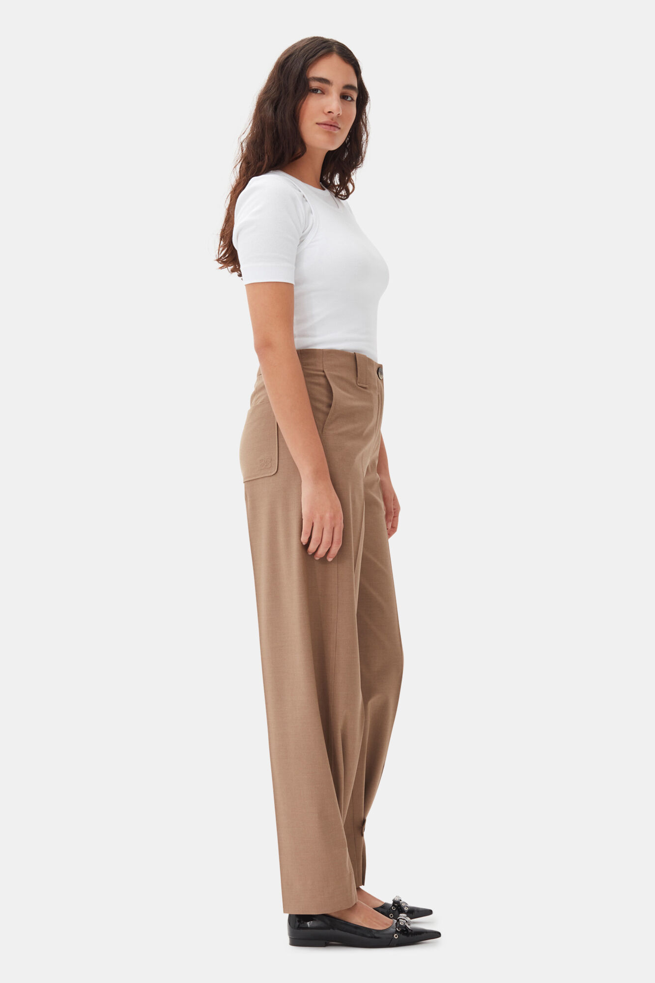 Brown Drapey Melange Bukser, Elastane, in colour Tiger's Eye - 2 - GANNI