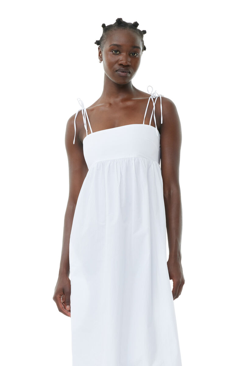 White Cotton Poplin String Midi-kjole, Cotton, in colour Bright White - 2 - GANNI