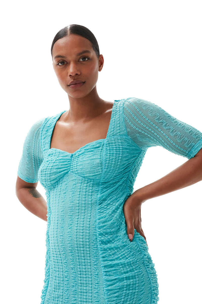 Stretch Lace Ruched Midi Dress, Elastane, in colour Blue Curacao - 3 - GANNI