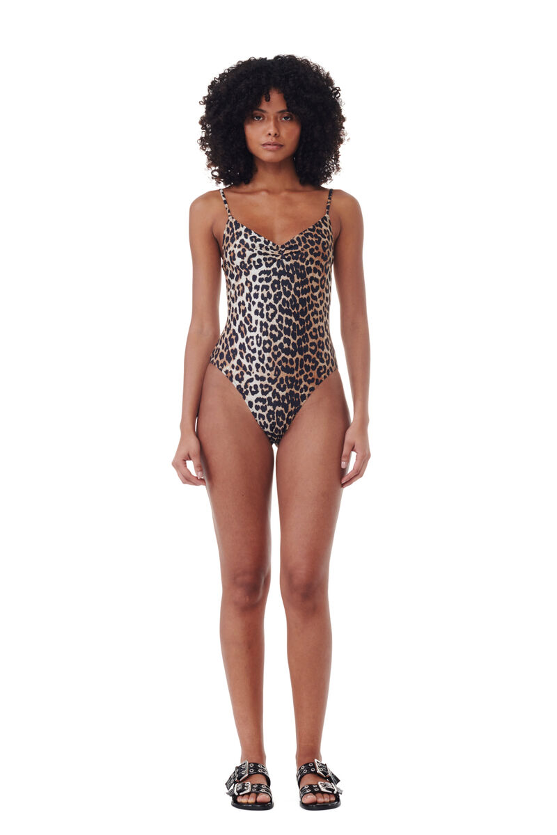 Recycled Leopard Printed V-neck Swimsuit, Elastane, in colour Leopard - 2 - GANNI