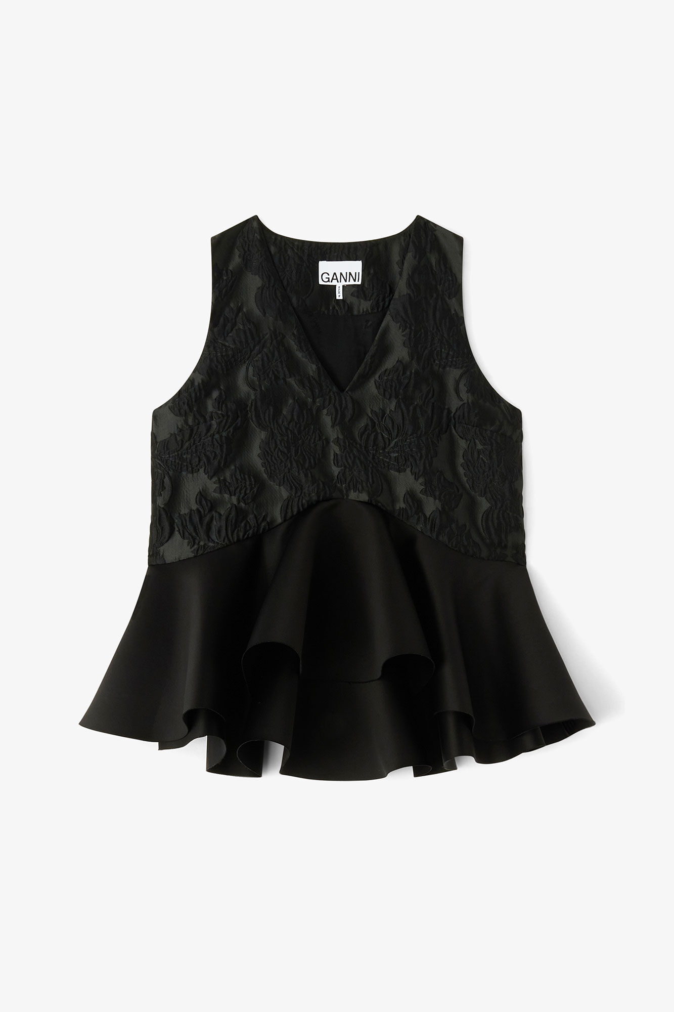 Jet Black Satin Cloque Peplum Top | GANNI US