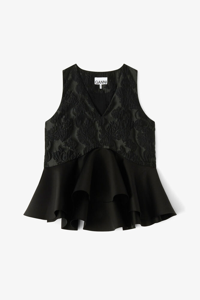 Satin Cloque Peplum Top, Jet Black