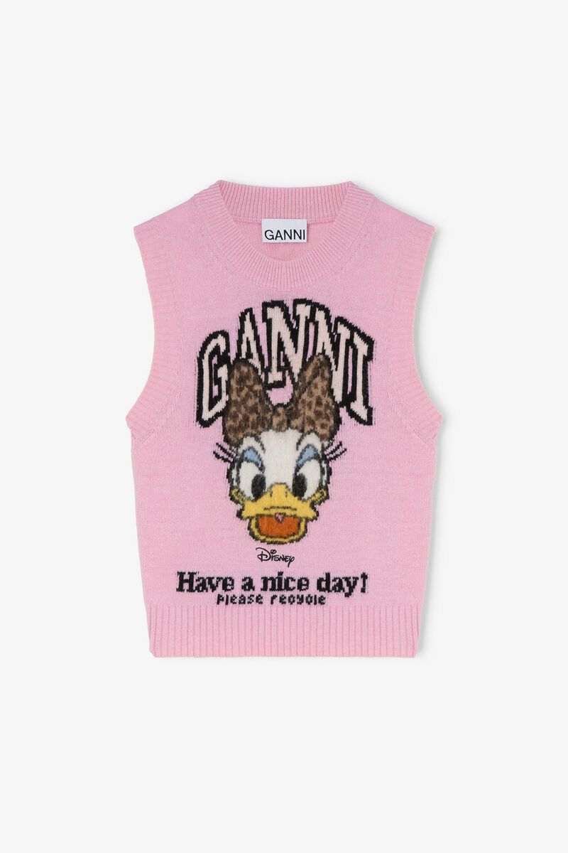 GANNI x Disney Daisy Duck Graphic Wool Vest, in colour Chalk Pink - 1 - GANNI
