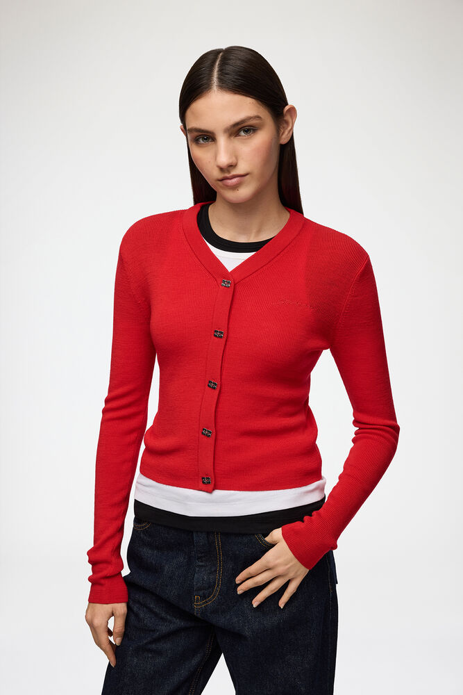 Cardigan in Red Merino, Goji Berry