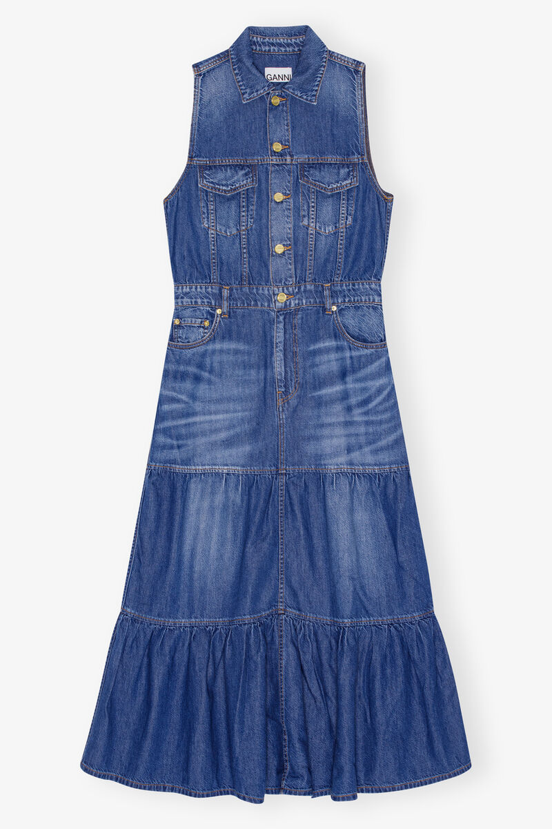 Blue Denim Long Dress, Organic Cotton, in colour Mid Blue Vintage - 1 - GANNI
