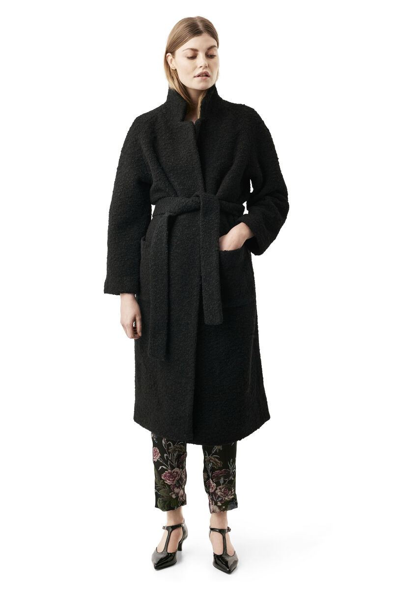 Fenn Long Wrap Coat, in colour Black - 1 - GANNI
