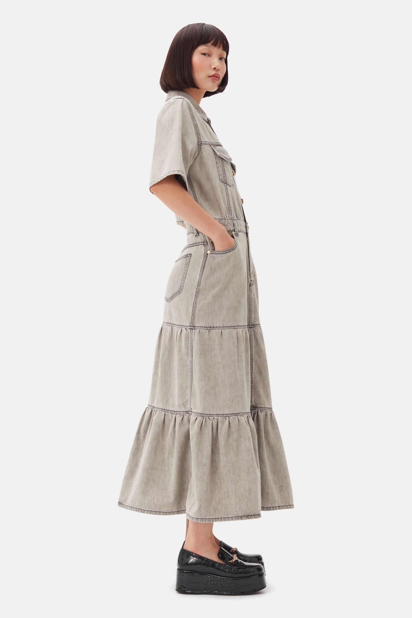 Grey Future Long Denim Dress, Organic Cotton, in colour Gray Quill - 3 - GANNI