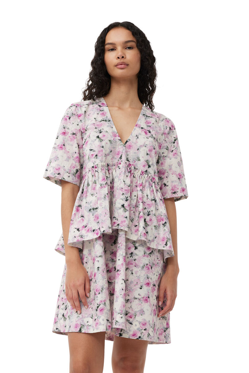 Printed Cotton Flounce Mini Dress, Cotton, in colour Orchid Smoke - 4 - GANNI