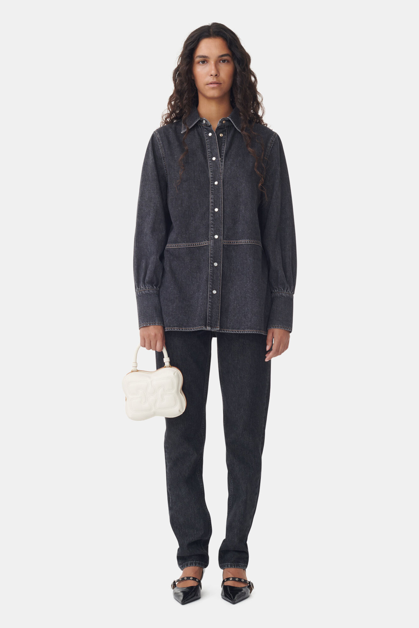 CIRCULOSE® Future Black Denim Shirt, Organic Cotton, in colour Washed Black/Black - 2 - GANNI