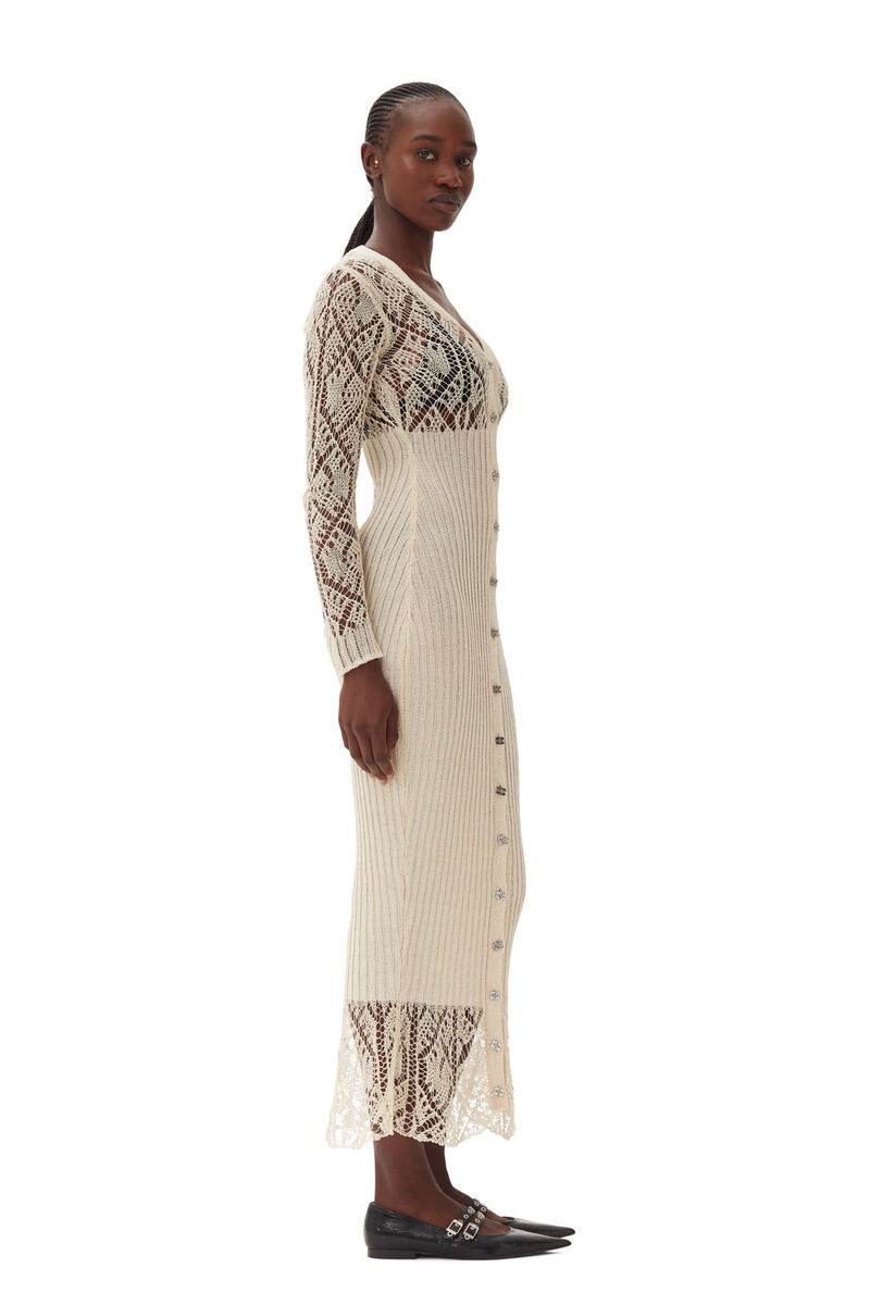 Beige Cotton Lace Button Down Maxi Dress, Cotton, in colour Egret - 3 - GANNI