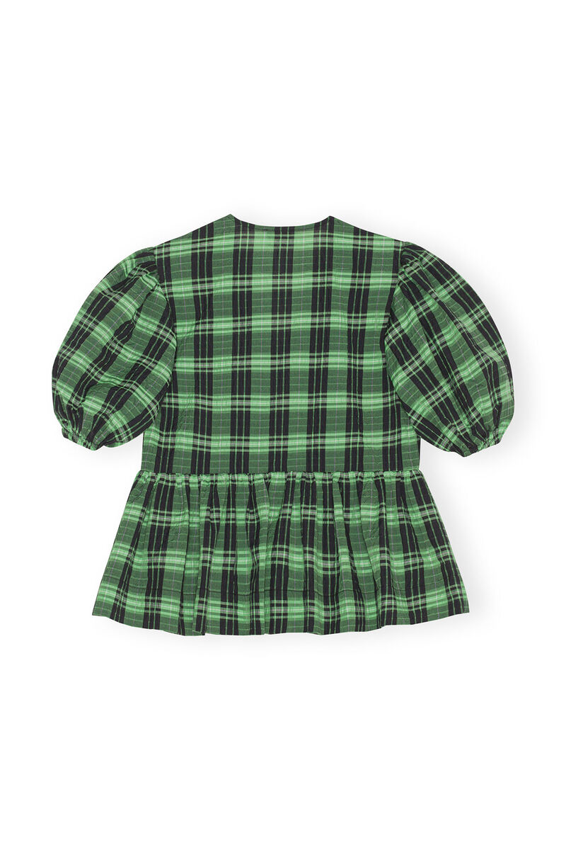Green Seersucker Check Wrap Bluse, Organic Cotton, in colour Peapod - 2 - GANNI