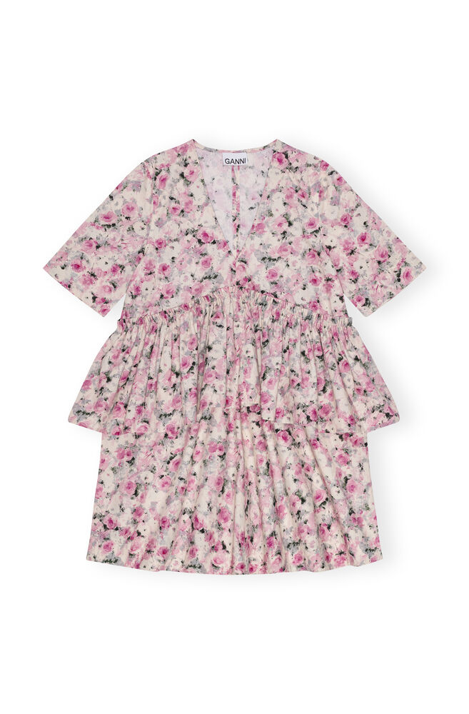 Printed Cotton Flounce Mini klänning, Orchid Smoke