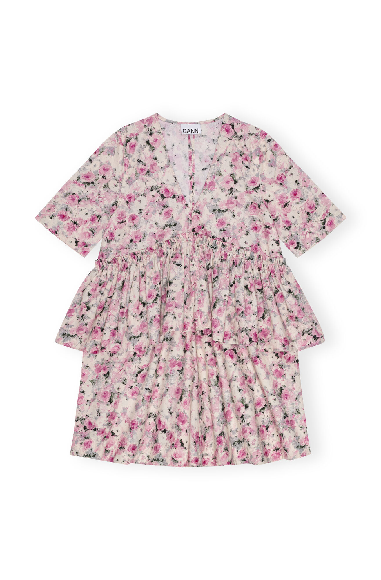 Printed Cotton Flounce Mini Dress, Cotton, in colour Orchid Smoke - 1 - GANNI