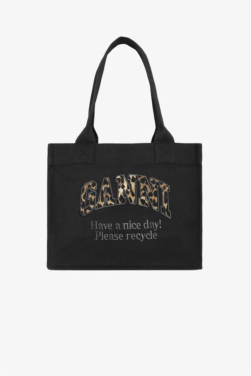 Large Leopard Easy Shopper, Recycled Cotton, in colour Black - 1 - GANNI