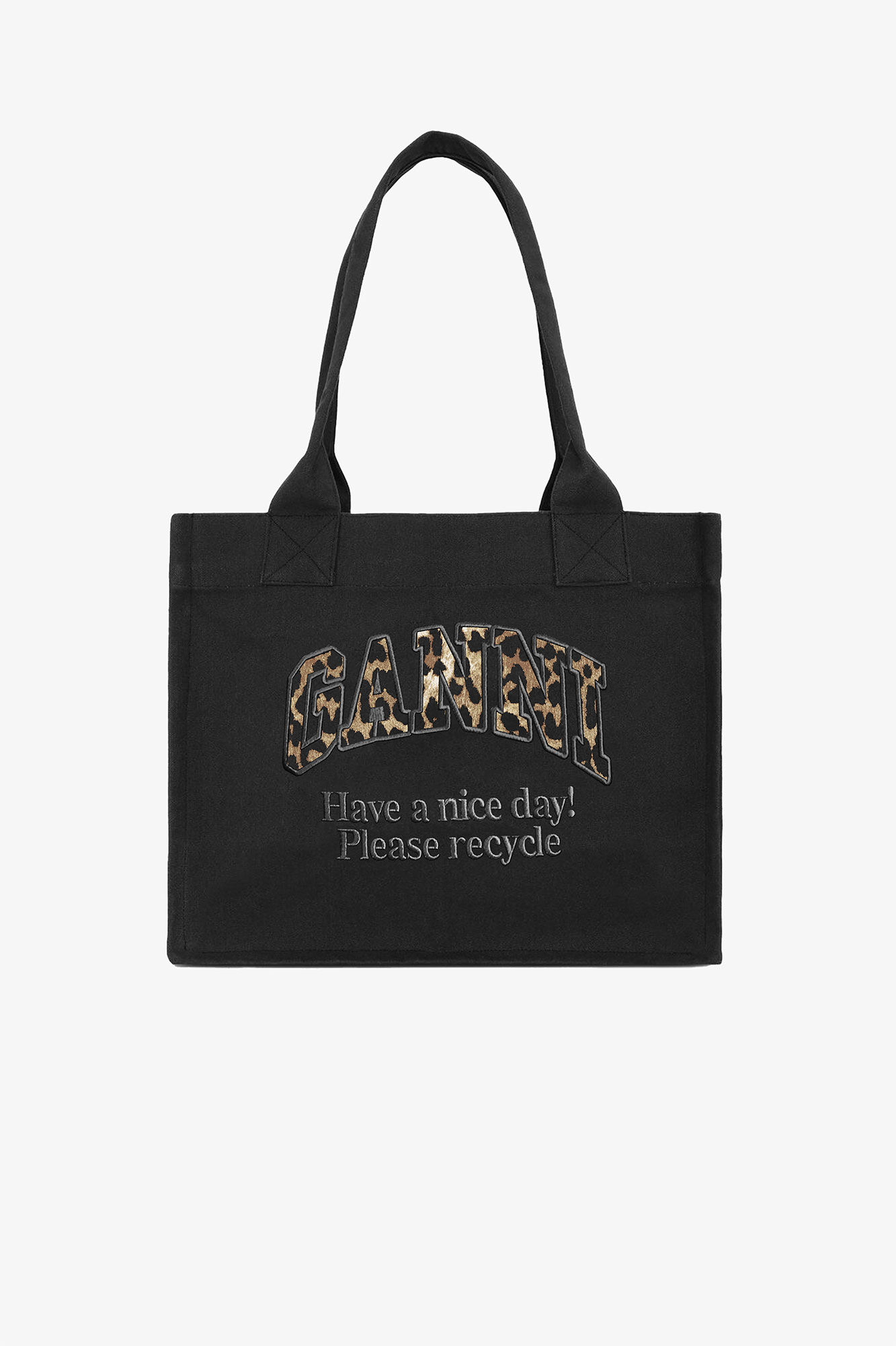 Large Leopard Easy Shopper, Recycled Cotton, in colour Black - 1 - GANNI