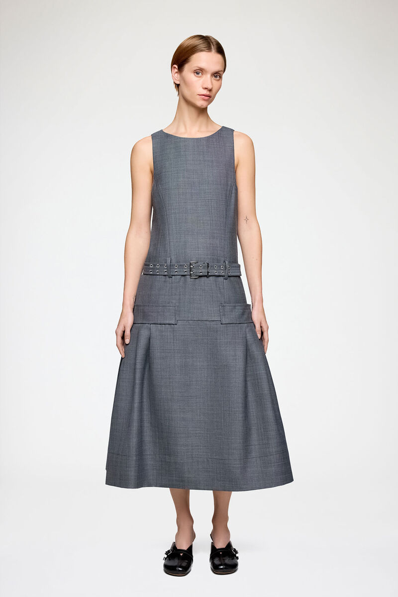 Dress in Grey Wool Melange, in colour Phantom - 1 - GANNI